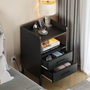 Side Table with Charging Station, 3-Drawer LED Light Bedside Living Room Small Space, Black