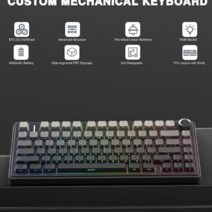 AULA F75 Pro Wireless Mechanical Keyboard,75% Hot Swappable Custom Keyboard with Knob,RGB Backlit,Pre-lubed Reaper Switches,Side Printed PBT Keycaps,2.4GHz/USB-C/BT5.0 Mechanical Gaming Keyboards