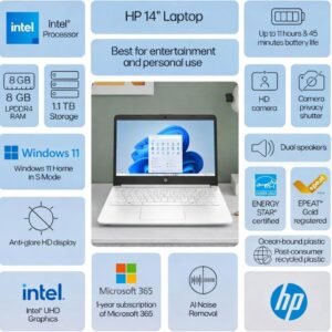 HP Home and Student Essential Laptop with Microsoft 365-1.1TB Storage - 8GB RAM - Intel Inside | Anti-Glare Display, 64GB SSD and 1TB Cloud Storage, Fast Charge and 12hrs Battery, no Mouse
