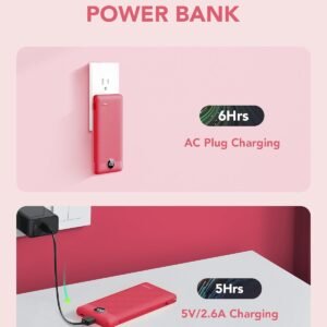 Portable Charger Built-in Cables and AC Wall Plug, VRURC USB C Power Bank 10000mAh, Travel Battery Portable Phone Charger Compact Lightweight External Battery Pack for SmartPhones,Tablets-Viva Magenta