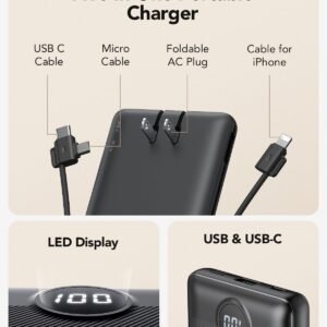 Portable Charger,Power Bank Built-in Cables and AC Wall Plug,VRURC USB C Portable Bank 10000mAh,Travel Essentials Phone Charger Compact Lightweight External Battery Pack for Smart Phones,Tablets-Black