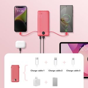 Portable Charger Built-in Cables and AC Wall Plug, VRURC USB C Power Bank 10000mAh, Travel Battery Portable Phone Charger Compact Lightweight External Battery Pack for SmartPhones,Tablets-Viva Magenta