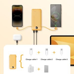 VRURC Portable Charger Built-in Cables and AC Wall Plug, USB C Power Bank 10000mAh, Travel Battery Phone Charger Compact Lightweight External Battery Pack for Smart Phones, Tablets etc-Orange