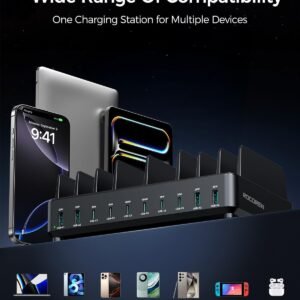 400W Charging Station for Multiple Devices, 10 Port Double PD 100W USB C Charging Station with 6 Cables, Multi-Device Organizer Fast Charging Dock for MacBook, iPad, iPhone, Cell Phone, Tablet