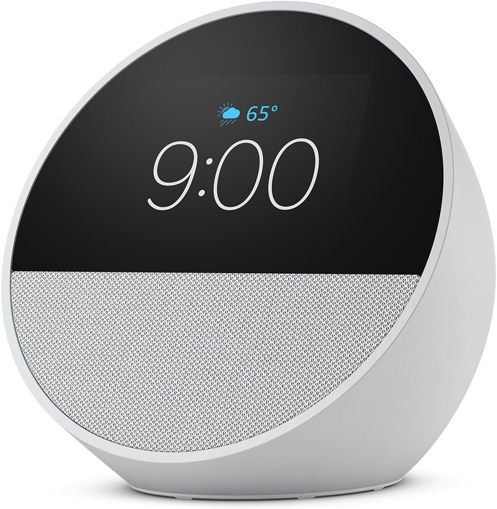 Amazon Echo Spot (newest model), Great for nightstands, offices and kitchens, Smart alarm clock, Designed for Alexa+, Glacier White