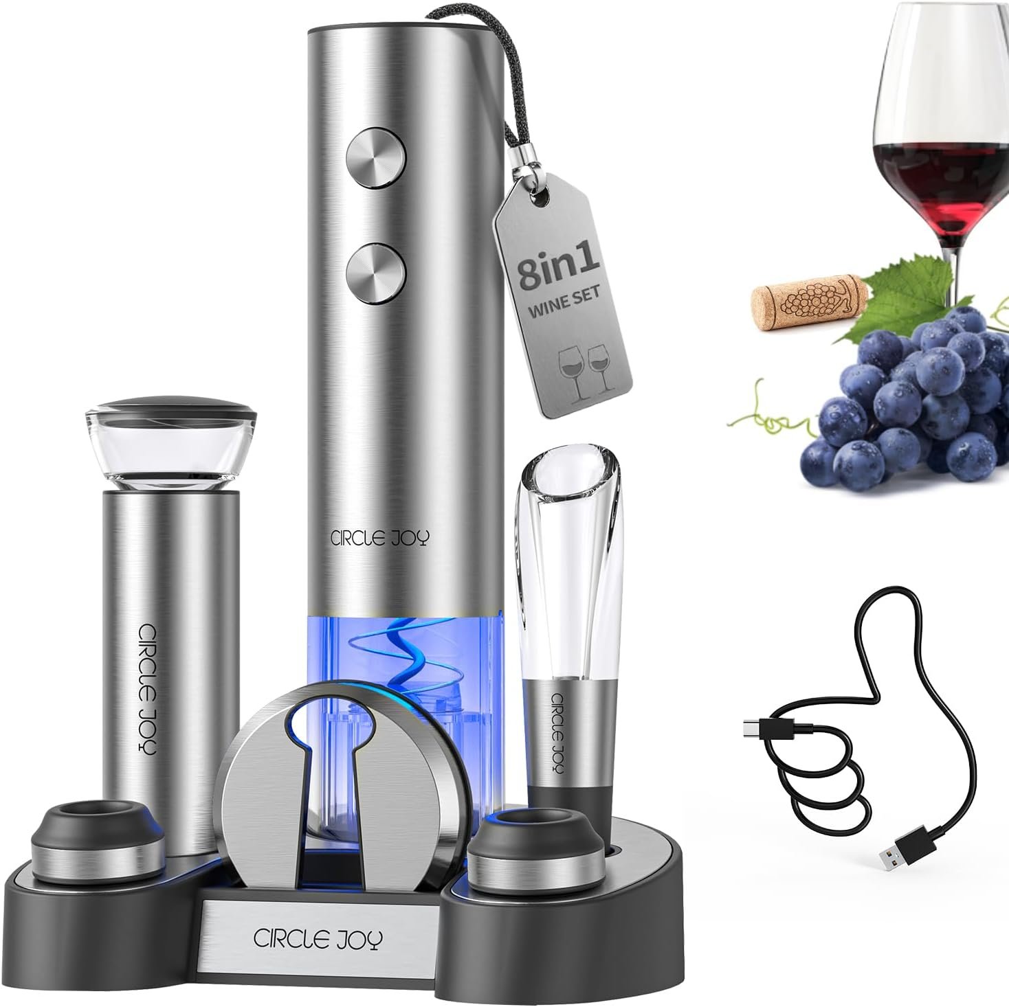 CIRCLE JOY Electric Wine Bottle Opener Set Stainless Steel Rechargeable Wine Opener 8-in-1 Wine Gift Set with Charging base, Foil Cutter, Wine Aerator Pourer, Vacuum Pump & 2 Wine Stoppers, Silver