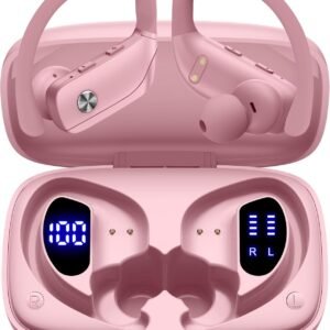 bmani Ear Buds Wireless Earbuds Bluetooth Headphones with 80H Playtime LED Display Case, Over-Ear Hook with Mic, Stereo Sound, Easy Button Controls, Sports Earphones for Running Workout Gym Pink