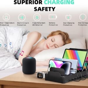 420W Charging Station for Multiple Devices, Zobirez 10-Port USB C Fast Charger Stations for MacBook, iPhone, Android Cell Phone, iPad, Tablet, Family Multi-Device Organizer Charging Dock, Black