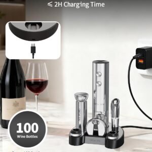 CIRCLE JOY Electric Wine Bottle Opener Set Stainless Steel Rechargeable Wine Opener 8-in-1 Wine Gift Set with Charging base, Foil Cutter, Wine Aerator Pourer, Vacuum Pump & 2 Wine Stoppers, Silver