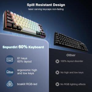 Snpurdiri 60% Wired Gaming Keyboard, 61 Keys RGB Backlit Ultra-Compact Small Gaming Keyboard, for PC/Mac Gamer, Typist, Travel, Easy to Carry on Business Trip(Black-White)