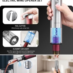 CIRCLE JOY Electric Wine Bottle Opener Set Stainless Steel Rechargeable Wine Opener 8-in-1 Wine Gift Set with Charging base, Foil Cutter, Wine Aerator Pourer, Vacuum Pump & 2 Wine Stoppers, Silver