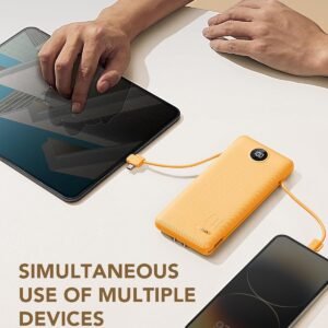 VRURC Portable Charger Built-in Cables and AC Wall Plug, USB C Power Bank 10000mAh, Travel Battery Phone Charger Compact Lightweight External Battery Pack for Smart Phones, Tablets etc-Orange