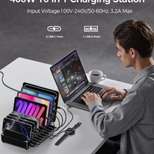 400W Charging Station for Multiple Devices, 10 Port Double PD 100W USB C Charging Station with 6 Cables, Multi-Device Organizer Fast Charging Dock for MacBook, iPad, iPhone, Cell Phone, Tablet