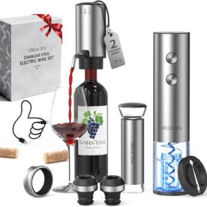 CIRCLE JOY Rechargeable Electric Wine Opener Set 8-in-1 Stainless Steel Automatic Wine Bottle Opener Gift Set w/Electric Wine Aerator Pourer, Foil Cutter, Wine Drip Ring, Vacuum Pump & 2 Wine Stoppers