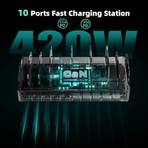 420W Charging Station for Multiple Devices, Zobirez 10-Port USB C Fast Charger Stations for MacBook, iPhone, Android Cell Phone, iPad, Tablet, Family Multi-Device Organizer Charging Dock, Black