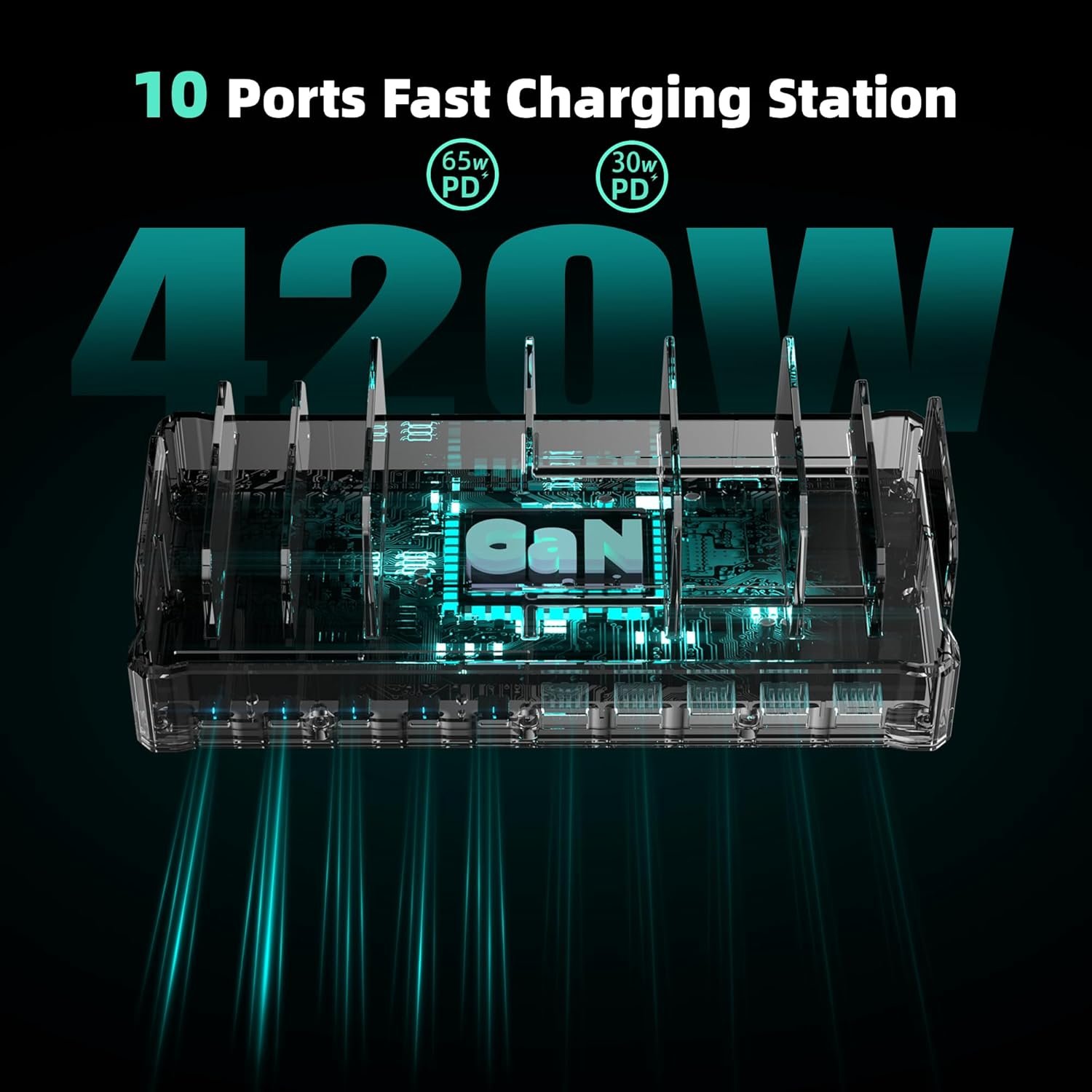 420W Charging Station for Multiple Devices, Zobirez 10-Port USB C Fast Charger Stations for MacBook, iPhone, Android Cell Phone, iPad, Tablet, Family Multi-Device Organizer Charging Dock, Black