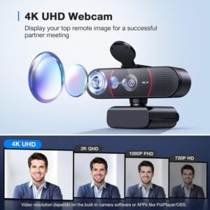 EMEET C960 4K Webcam for PC, 4K UHD CMOS Sensor, PDAF Auto Focus, Dual Omnidirectional Mics, Auto Light Correction, 73° FOV, Plug&Play Webcam w/Privacy Cover, Works w/Zoom/Teams/Skype/Google Meet