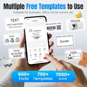 M102 Label Makers - Barcode Label Printer Label Maker with 7000+ Icons 700+ Templates for Small Business, Address, Ingrediant, QR Code, Clothing, Mailing Gift Tag for Phones & PC, Black