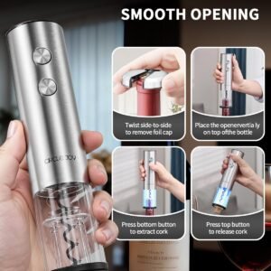 CIRCLE JOY Electric Wine Bottle Opener Set Stainless Steel Rechargeable Wine Opener 8-in-1 Wine Gift Set with Charging base, Foil Cutter, Wine Aerator Pourer, Vacuum Pump & 2 Wine Stoppers, Silver