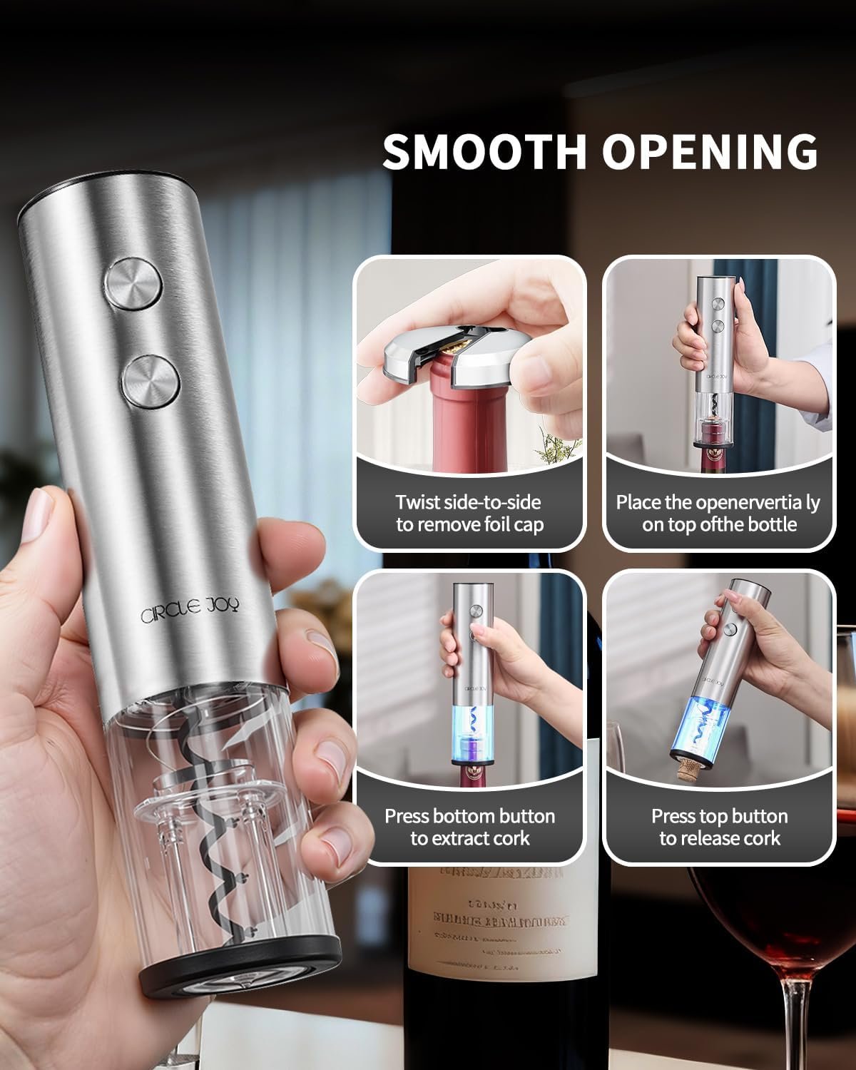 CIRCLE JOY Electric Wine Bottle Opener Set Stainless Steel Rechargeable Wine Opener 8-in-1 Wine Gift Set with Charging base, Foil Cutter, Wine Aerator Pourer, Vacuum Pump & 2 Wine Stoppers, Silver