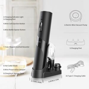 CIRCLE JOY Rechargeable Wine Opener Electric Wine Bottle Opener 7-in-1 Wine Gift Set with Electric Vacuum Pump, Charging Station, Foil Cutter, Wine Aerator Pourer and 2 Wine Stoppers