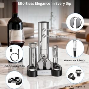 CIRCLE JOY Electric Wine Bottle Opener Set Stainless Steel Rechargeable Wine Opener 8-in-1 Wine Gift Set with Charging base, Foil Cutter, Wine Aerator Pourer, Vacuum Pump & 2 Wine Stoppers, Silver