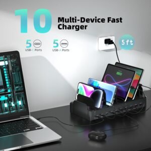420W Charging Station for Multiple Devices, Zobirez 10-Port USB C Fast Charger Stations for MacBook, iPhone, Android Cell Phone, iPad, Tablet, Family Multi-Device Organizer Charging Dock, Black