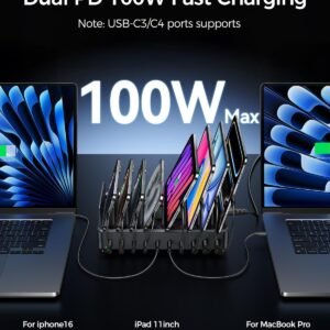 400W Charging Station for Multiple Devices, 10 Port Double PD 100W USB C Charging Station with 6 Cables, Multi-Device Organizer Fast Charging Dock for MacBook, iPad, iPhone, Cell Phone, Tablet
