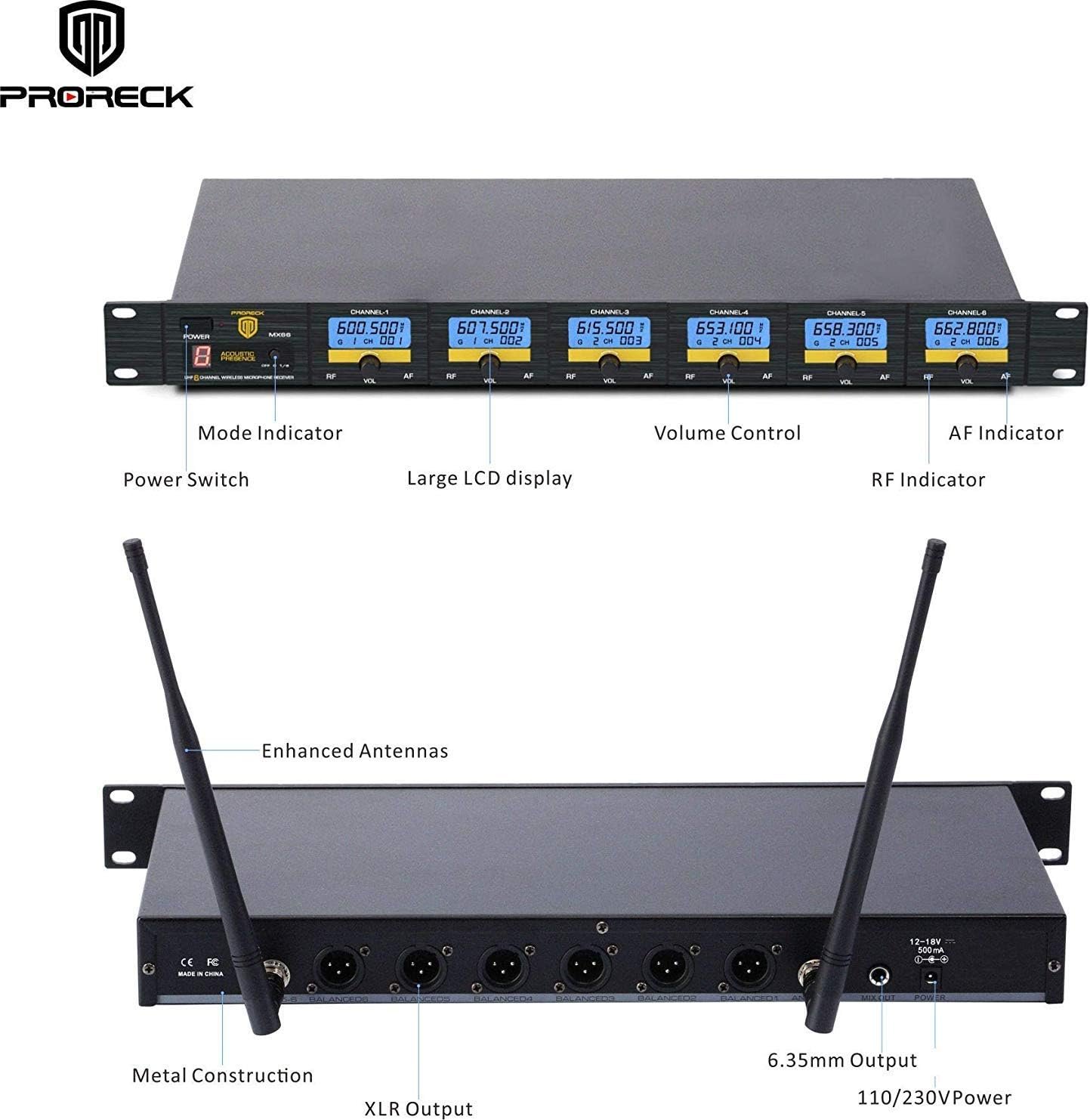 PRORECK MX66 6-Channel UHF Wireless Microphone System with 6 Hand-held Microphones Karaoke Machine for Party/Wedding/Church/Conference/Speech