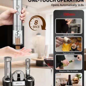 CIRCLE JOY Electric Wine Bottle Opener Set Stainless Steel Rechargeable Wine Opener 8-in-1 Wine Gift Set with Charging base, Foil Cutter, Wine Aerator Pourer, Vacuum Pump & 2 Wine Stoppers, Silver