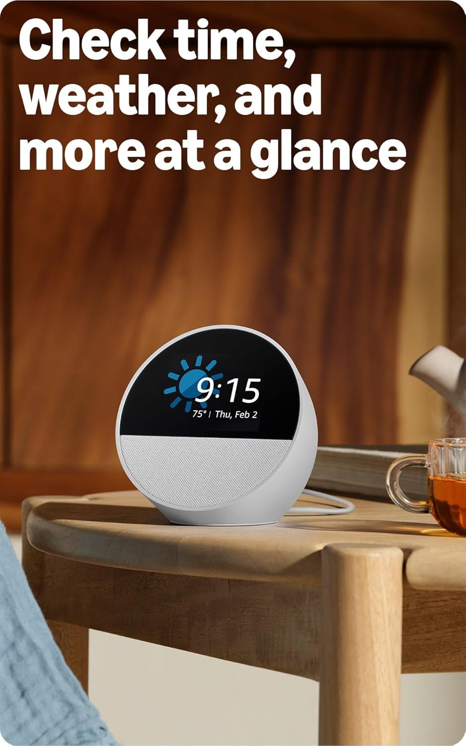 Amazon Echo Spot (newest model), Great for nightstands, offices and kitchens, Smart alarm clock, Designed for Alexa+, Glacier White