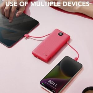 Portable Charger Built-in Cables and AC Wall Plug, VRURC USB C Power Bank 10000mAh, Travel Battery Portable Phone Charger Compact Lightweight External Battery Pack for SmartPhones,Tablets-Viva Magenta