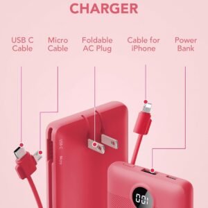 Portable Charger Built-in Cables and AC Wall Plug, VRURC USB C Power Bank 10000mAh, Travel Battery Portable Phone Charger Compact Lightweight External Battery Pack for SmartPhones,Tablets-Viva Magenta