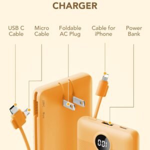VRURC Portable Charger Built-in Cables and AC Wall Plug, USB C Power Bank 10000mAh, Travel Battery Phone Charger Compact Lightweight External Battery Pack for Smart Phones, Tablets etc-Orange