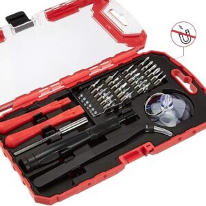 Amazon Basics Precision Screwdriver Set, 32-Piece Electronics Repair Tool Kit for Laptops, Smartphones, Eyeglasses, Watches, Magnetic Tip, Red