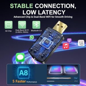 Wireless CarPlay Adapter– Android Auto Wireless Adapter, 5.8GHz Wi-Fi Plug & Play,Mini and Stable iOS 10+/Android 10+, Fast Auto-Connect for Cars 2016+ (1Pcs)