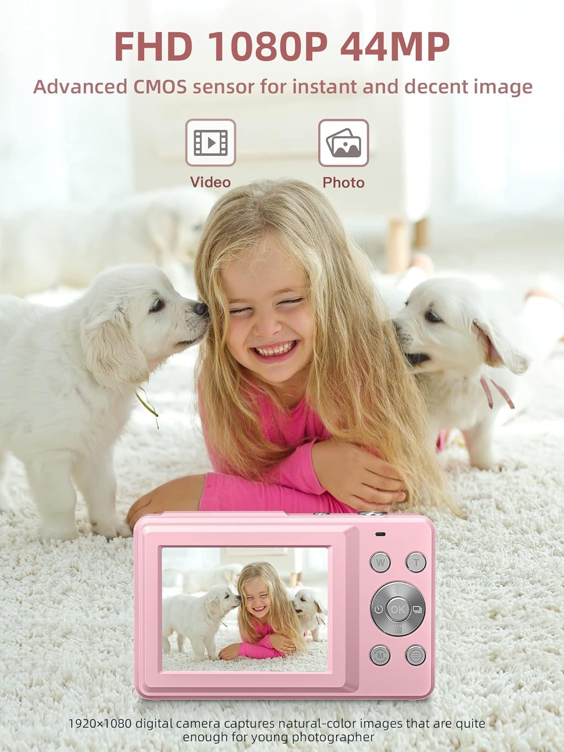 Digital Camera, FHD 1080P Digital Point and Shoot Camera with 16X Zoom Anti Shake, 32GB Card, Compact Small Camera for Boys Girls Kids, Pink