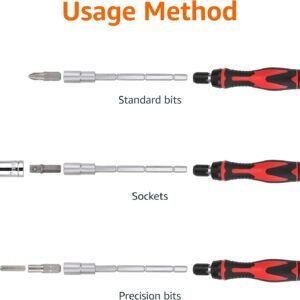 Amazon Basics Magnetic Ratcheting Wrench and Electronics Precision Screwdriver Tool Set, 73-Piece, with Carry Case for Household Repair, Small Jobs, Eyeglasses, Black/Red/Silver