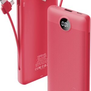 Portable Charger Built-in Cables and AC Wall Plug, VRURC USB C Power Bank 10000mAh, Travel Battery Portable Phone Charger Compact Lightweight External Battery Pack for SmartPhones,Tablets-Viva Magenta