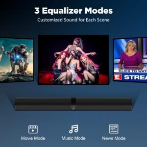 Sound Bar for Smart TV, Soundbar with Bluetooth/ARC/Opt/AUX Connect, Auto Volume Boost, 3 Equalizer Modes, 2 in 1 Detachable Soundbar for TV/PC/Gaming/Projectors