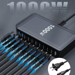 1000W USB C Charger Block,10-Port USB C Charging Station GaN IV Travel Essentials Multiple Port Charging Station,140W Laptop Fast Charger Adapter for MacBook Pro/Air,DELL,iPad,iPhone,Samsung Galaxy