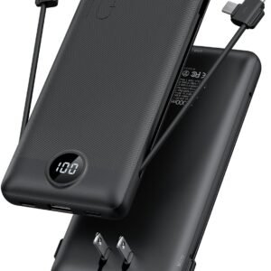 Portable Charger,Power Bank Built-in Cables and AC Wall Plug,VRURC USB C Portable Bank 10000mAh,Travel Essentials Phone Charger Compact Lightweight External Battery Pack for Smart Phones,Tablets-Black