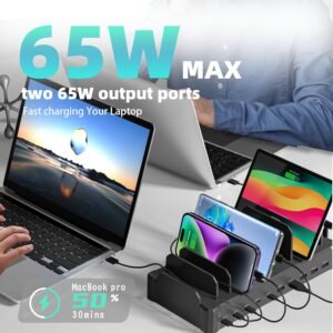 420W Charging Station for Multiple Devices, Zobirez 10-Port USB C Fast Charger Stations for MacBook, iPhone, Android Cell Phone, iPad, Tablet, Family Multi-Device Organizer Charging Dock, Black