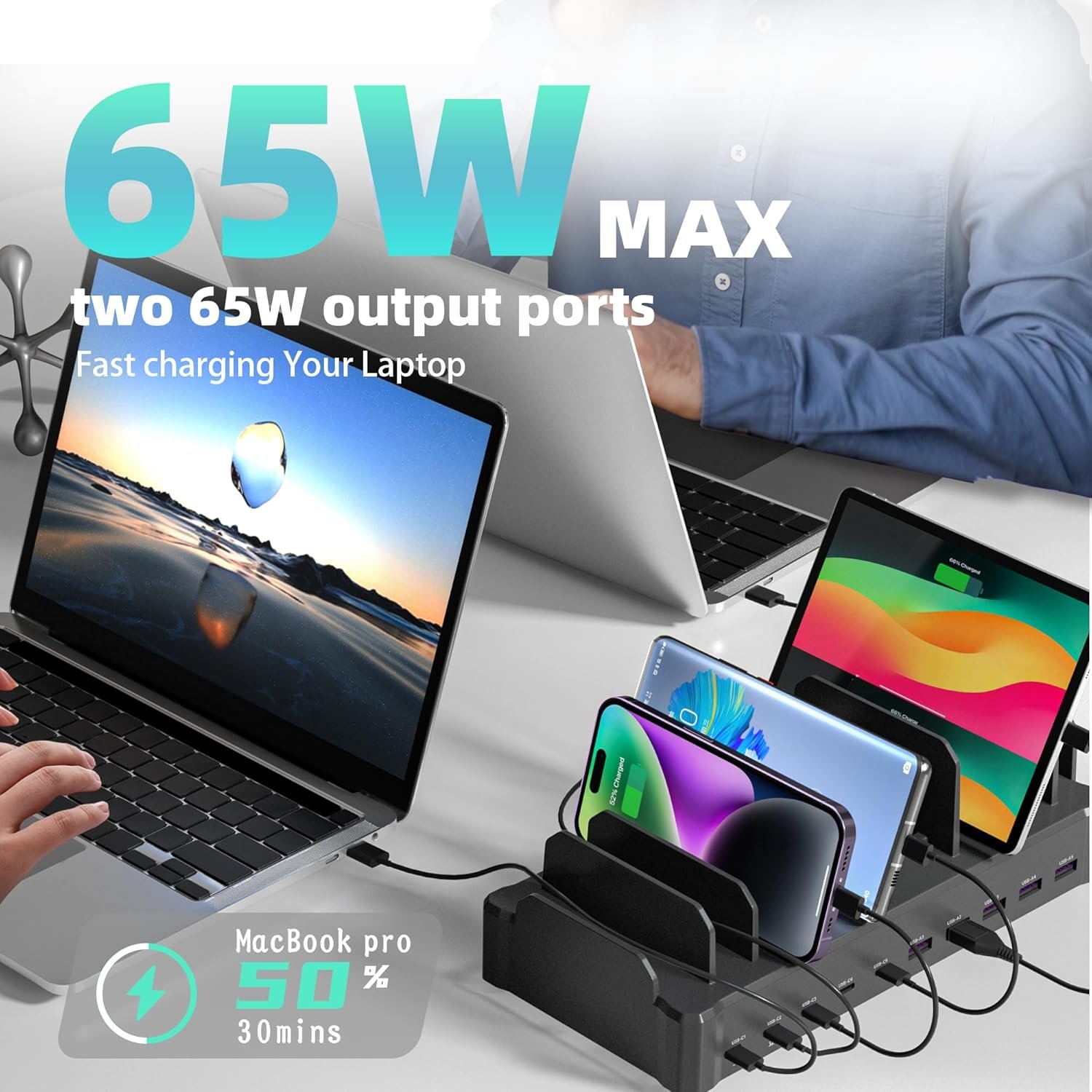 420W Charging Station for Multiple Devices, Zobirez 10-Port USB C Fast Charger Stations for MacBook, iPhone, Android Cell Phone, iPad, Tablet, Family Multi-Device Organizer Charging Dock, Black