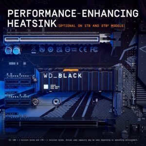 WD_BLACK SN850X 1TB NVMe SSD with Heatsink - M.2 2280, Up to 7,300 MB/s Read speeds, Up to 6,300 MB/s write speeds, Gaming Expansion, High Performance Internal Solid State Drive - WDS100T2XHE