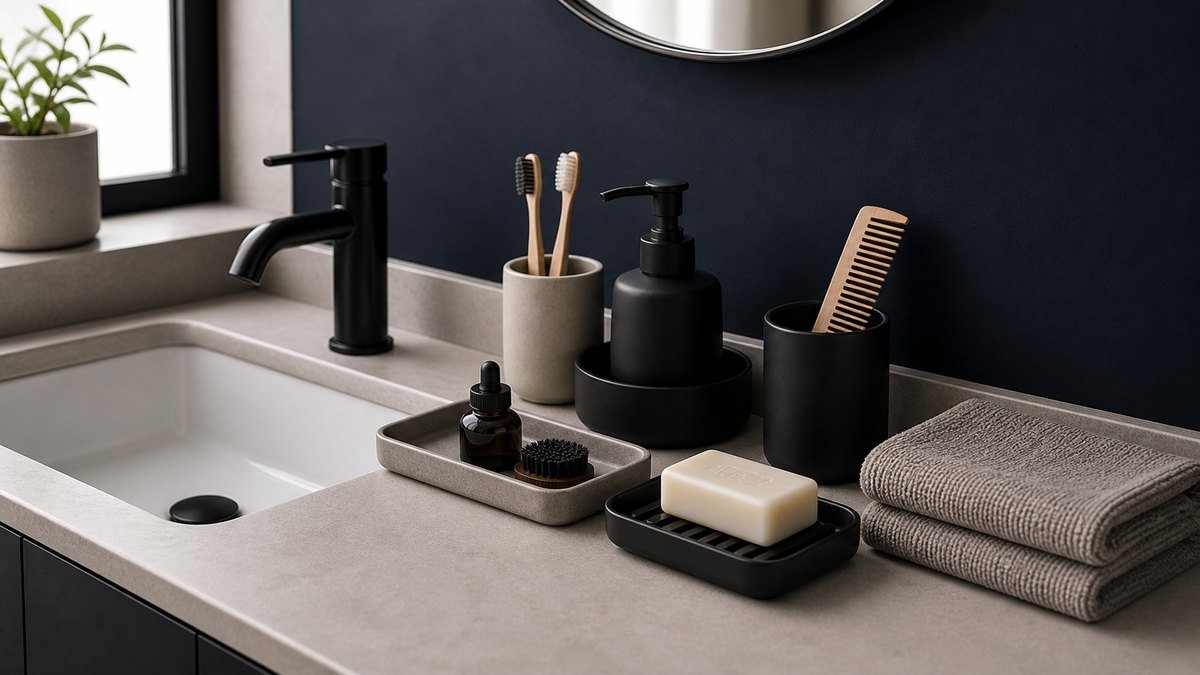 Matto bath organization tray with sink-side soap and grooming essentials