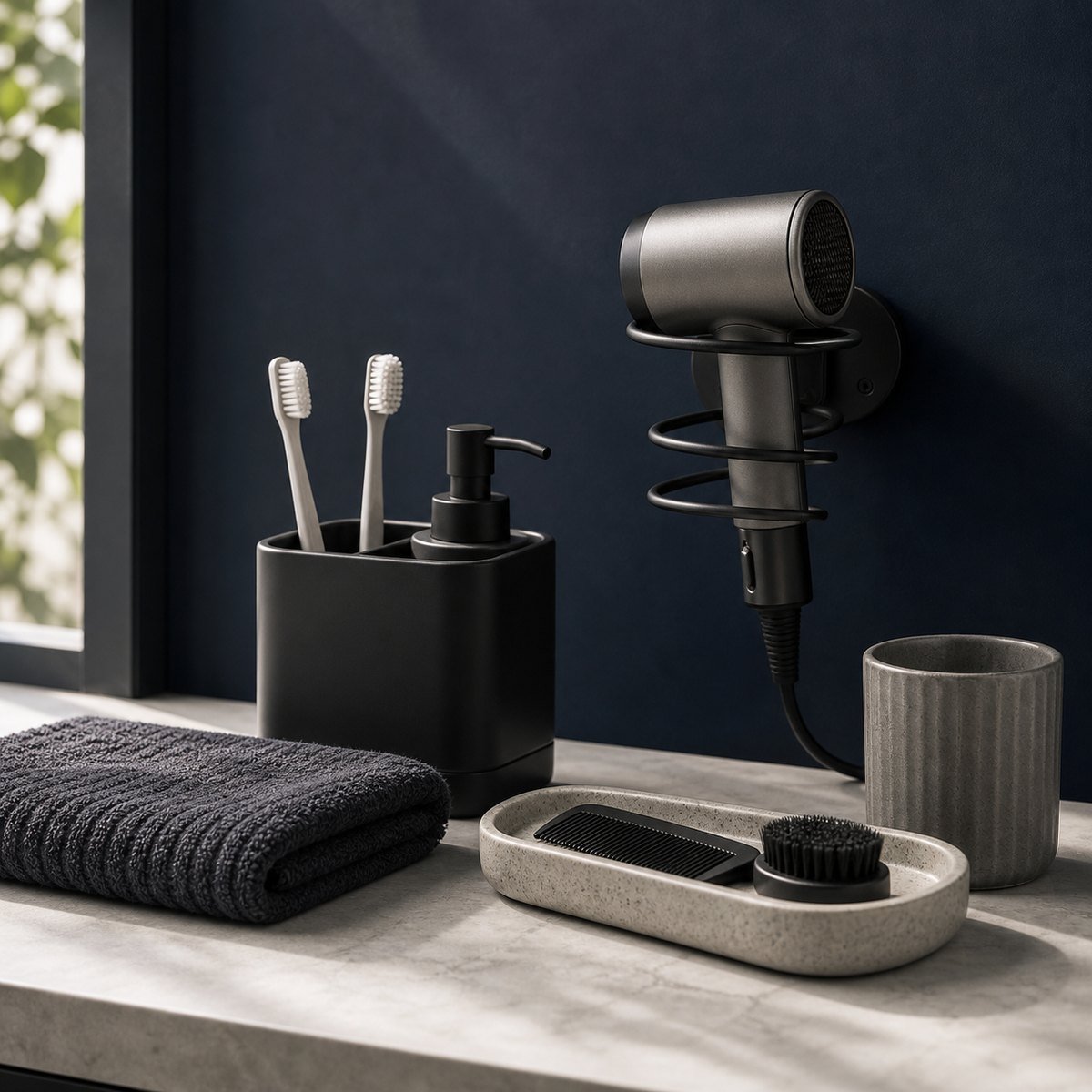 Matto grooming holder with hair dryer, brush, towel, and vanity accessories