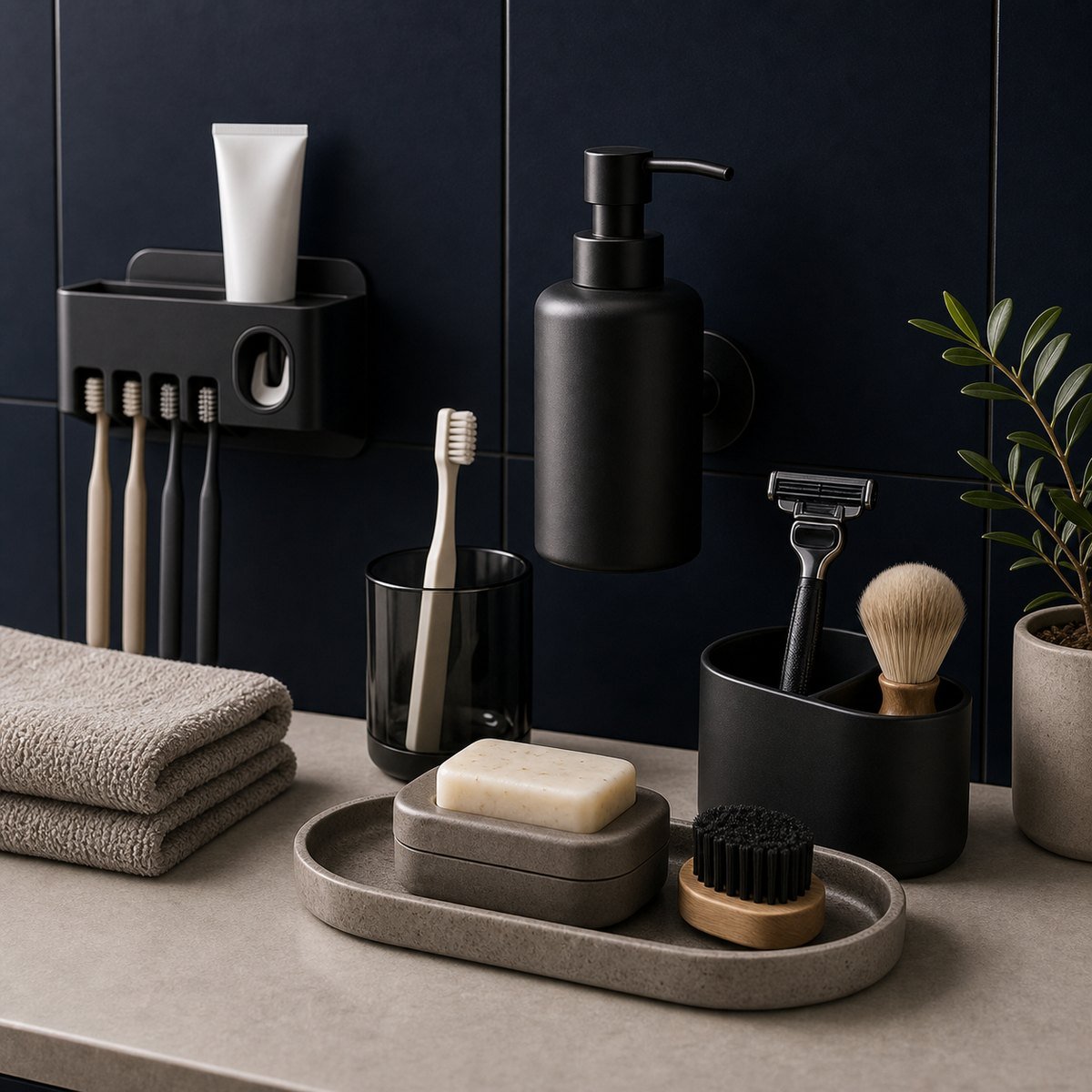Matto personal-care essentials arranged with towels, soap, and grooming accessories