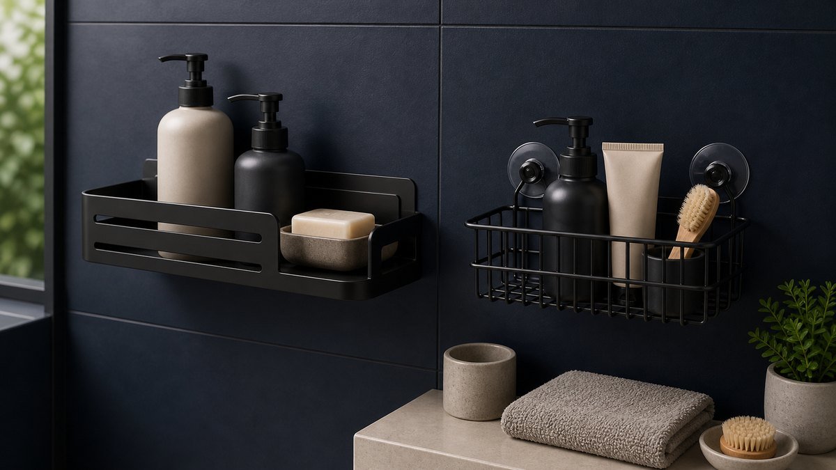 Matto black shower shelf with soap and bath accessories against dark tile